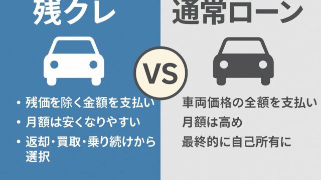残クレと通常ローンを比較する図。左側に青い背景で「残クレ」、右側にグレー背景で「通常ローン」、中央に「VS」の文字が配置されており、支払いの仕組みの違いを表している。