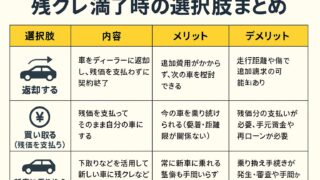 残クレ契約の満了時に選べる「返却・買取・新車乗換」の違いを一覧表で比較した日本語インフォグラフィック