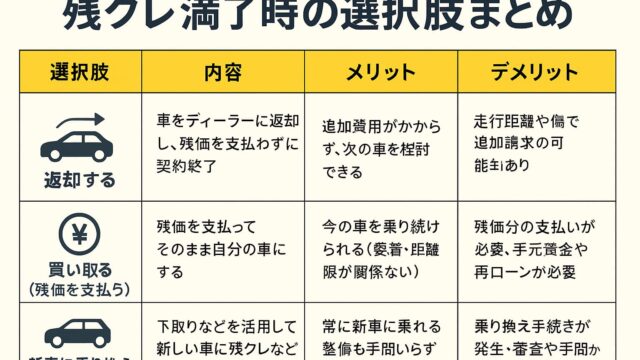 残クレ契約の満了時に選べる「返却・買取・新車乗換」の違いを一覧表で比較した日本語インフォグラフィック