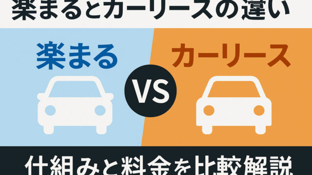 楽まるとカーリースの違いを表す図。左側に青い背景で「楽まる」、右側にオレンジ背景で「カーリース」、中央に「VS」の文字が配置されており、それぞれ車のアイコンと共に対比されている。