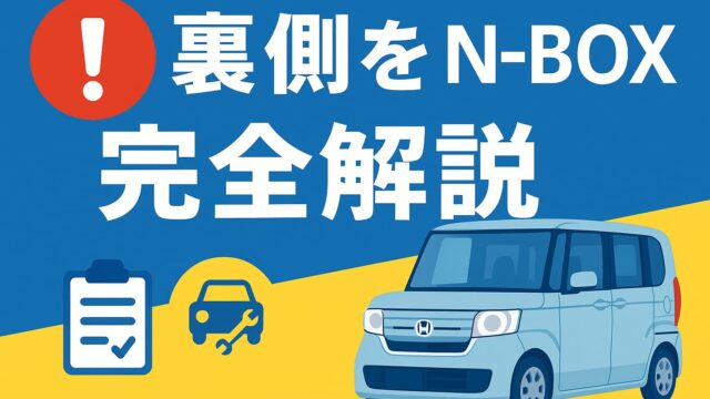 青と黄色の背景にN-BOXのイラストと「裏側をN-BOX完全解説」のテロップ、車両と整備のアイコンが配置された画像
