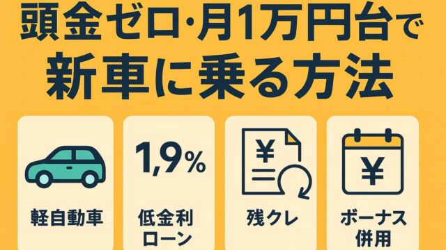 頭金ゼロ・月1万円台で新車に乗る方法を4つのアイコン（軽自動車・低金利・残クレ・ボーナス併用）で表現した日本語インフォグラフィック。背景は黄色。