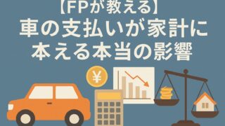 車・電卓・グラフ・コインと家の秤で車の支払いと家計のバランスを示した図解