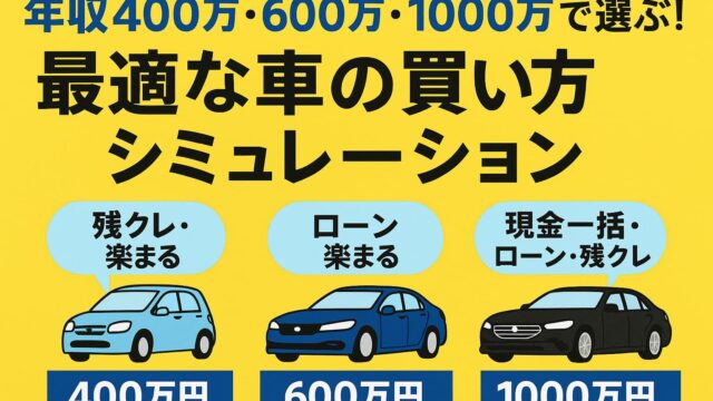 年収400万円・600万円・1000万円ごとの車のイラストと、それぞれに合った支払い方法（残クレ・楽まる・ローン・現金一括）を吹き出しで示した比較図