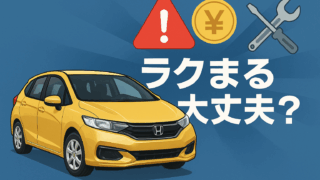 黄色のホンダ車と赤い警告マーク、円マーク、工具アイコン、中央に「ラクまる大丈夫？」と書かれたリアル調イラスト